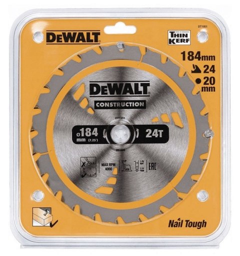 PIŁA TARCZOWA DO DREWNA 184/20MM, 24 ZĘBÓW DEWALT PIŁA TARCZOWA DO DREWNA 184/20MM, 24 ZĘBÓW DEWALT