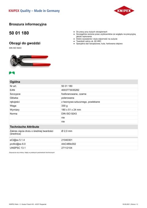OBCĘGI DO GWOŹDZI 180MM KNIPEX OBCĘGI DO GWOŹDZI 180MM KNIPEX
