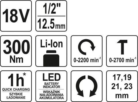 KLUCZ UDAROWY 18V 1/2'' 300NM, BEZ AKUMULATORA YATO