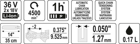 PILARKA ŁAŃCUCHOWA 14'',36V BEZ AKUMULATORA YATO PILARKA ŁAŃCUCHOWA 14'',36V BEZ AKUMULATORA YATO