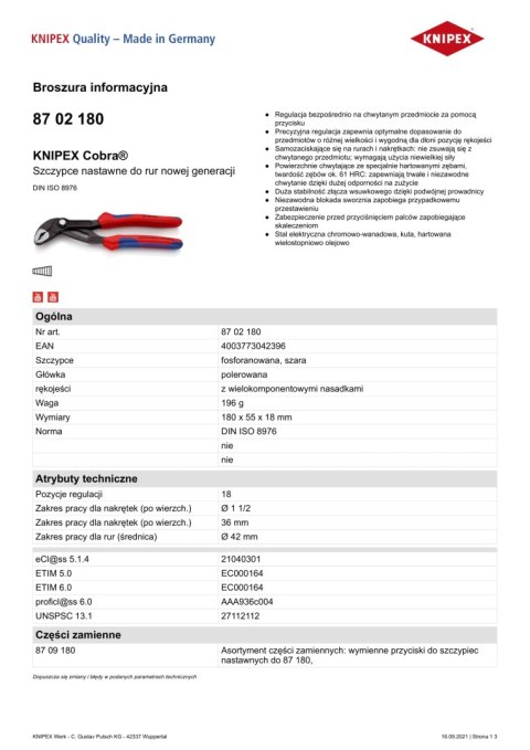 SZCZYPCE DO RUR COBRA 250MM KNIPEX SZCZYPCE DO RUR COBRA 250MM KNIPEX