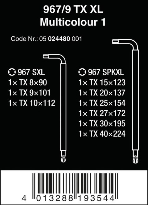 ZESTAW KLUCZY TRZPIENIOWYCH TORX 967/9 TX XL MULTIC TX8-TX40 WERA ZESTAW KLUCZY TRZPIENIOWYCH TORX 967/9 TX XL MULTIC TX8-TX40 WERA