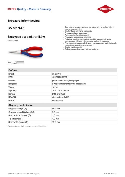 SZCZYPCE DLA ELEKTRONIKÓW 145MM KNIPEX SZCZYPCE DLA ELEKTRONIKÓW 145MM KNIPEX