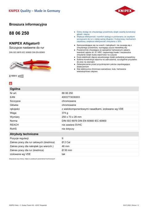 SZCZYPCE DO RUR NASTAWNE ALIGATOR IZOLOWANE 250MM KNIPEX SZCZYPCE DO RUR NASTAWNE ALIGATOR IZOLOWANE 250MM KNIPEX