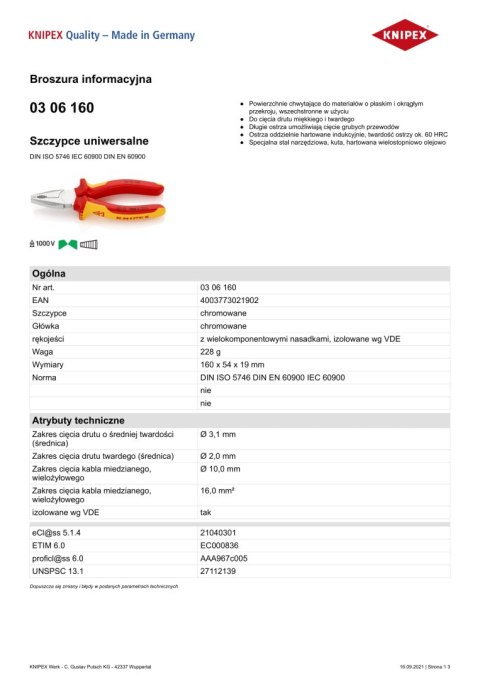 SZCZYPCE UNIWERSALNE IZOLOWANE VDE 160MM KNIPEX SZCZYPCE UNIWERSALNE IZOLOWANE VDE 160MM KNIPEX