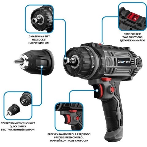 WIERTARKO-WKRĘTARKA 300W, UCHWYT SAMOZACISKOWY 10MM, WALIZKA GRAPHITE WIERTARKO-WKRĘTARKA 300W, UCHWYT SAMOZACISKOWY 10MM, WALIZKA GRAPHITE