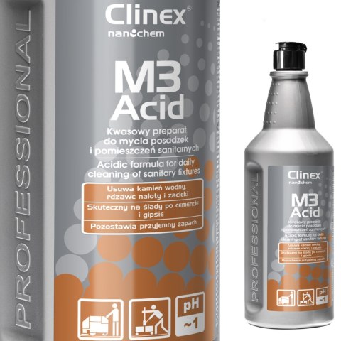 Koncentrat kwaśny płyn do mycia łazienek pomieszczeń sanitarnych CLINEX M3 Acid 1L Koncentrat kwaśny płyn do mycia łazienek pomieszczeń sanitarnych CLINEX M3 Acid 1L