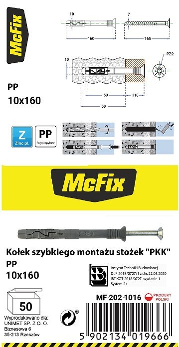 KOŁEK SZYBKI MONTAŻ STOŻEK PP 10*160MM MC FIX KOŁEK SZYBKI MONTAŻ STOŻEK PP 10*160MM MC FIX