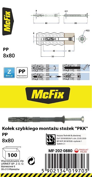 KOŁEK SZYBKI MONTAŻ STOŻEK PP 8*80MM MC FIX KOŁEK SZYBKI MONTAŻ STOŻEK PP 8*80MM MC FIX