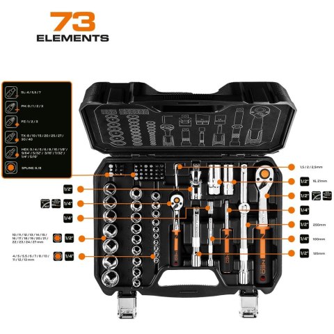 ZESTAW KLUCZY NASADOWYCH 1/4'' 1/2'' 73 CZĘŚCI NEO ZESTAW KLUCZY NASADOWYCH 1/4'' 1/2'' 73 CZĘŚCI NEO