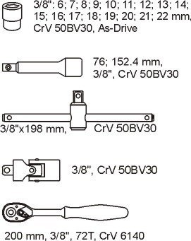 WKŁAD DO SZUFLADY ZESTAW KLUCZY NASADOWYCH 3/8'' 22 CZĘŚCI YATO