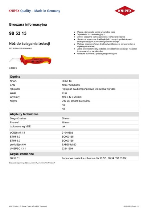 NÓŻ DO ŚCIĄGANIA IZOLACJI 190MM KNIPEX NÓŻ DO ŚCIĄGANIA IZOLACJI 190MM KNIPEX
