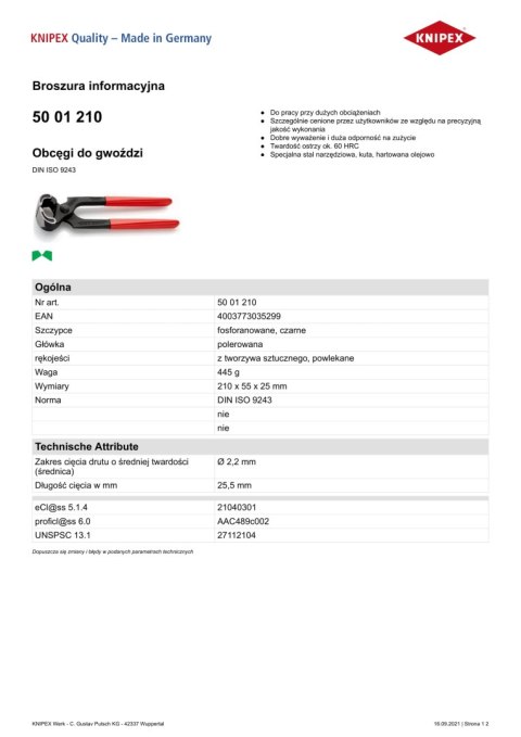 OBCĘGI DO GWOŹDZI 210MM KNIPEX OBCĘGI DO GWOŹDZI 210MM KNIPEX
