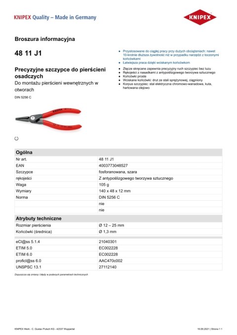 PRECYZYJNE SZCZYPCE DO PIERŚCIENI WEW.PROSTE 140MM KNIPEX PRECYZYJNE SZCZYPCE DO PIERŚCIENI WEW.PROSTE 140MM KNIPEX