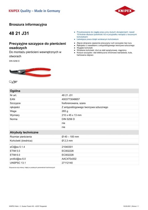 PRECYZYJNE SZCZYPCE DO PIERŚCIENI WEW.WYGIĘTE 210MM KNIPEX PRECYZYJNE SZCZYPCE DO PIERŚCIENI WEW.WYGIĘTE 210MM KNIPEX