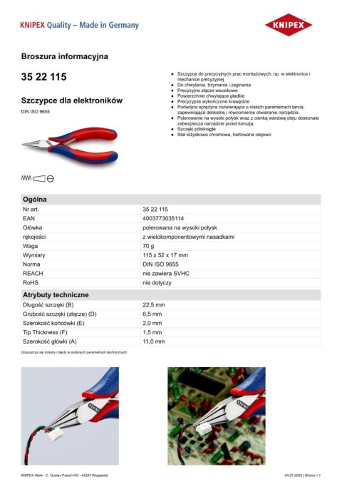SZCZYPCE DLA ELEKTRONIKÓW 115MM KNIPEX SZCZYPCE DLA ELEKTRONIKÓW 115MM KNIPEX