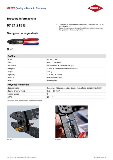 SZCZYPCE DO ZAGNIATANIA ZŁĄCZEK KABLOWYCH 0,5-2,5 MM KNIPEX SZCZYPCE DO ZAGNIATANIA ZŁĄCZEK KABLOWYCH 0,5-2,5 MM KNIPEX