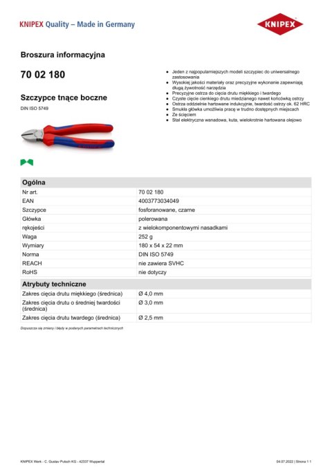 SZCZYPCE TNĄCE BOCZNE 180MM, POWLEKANE KNIPEX SZCZYPCE TNĄCE BOCZNE 180MM, POWLEKANE KNIPEX