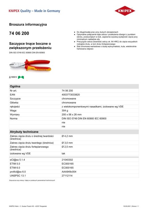 SZCZYPCE TNĄCE BOCZNE O ZWIĘKSZONYM PRZEŁOŻENIU 200MM KNIPEX