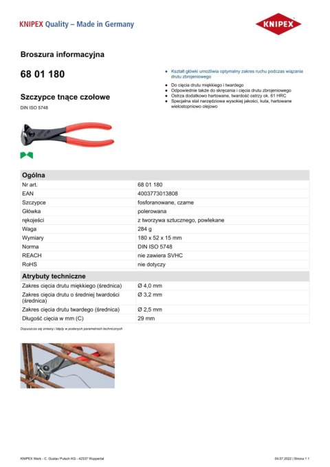 SZCZYPCE TNĄCE CZOŁOWE, POWLEKANE 180MM. KNIPEX SZCZYPCE TNĄCE CZOŁOWE, POWLEKANE 180MM. KNIPEX