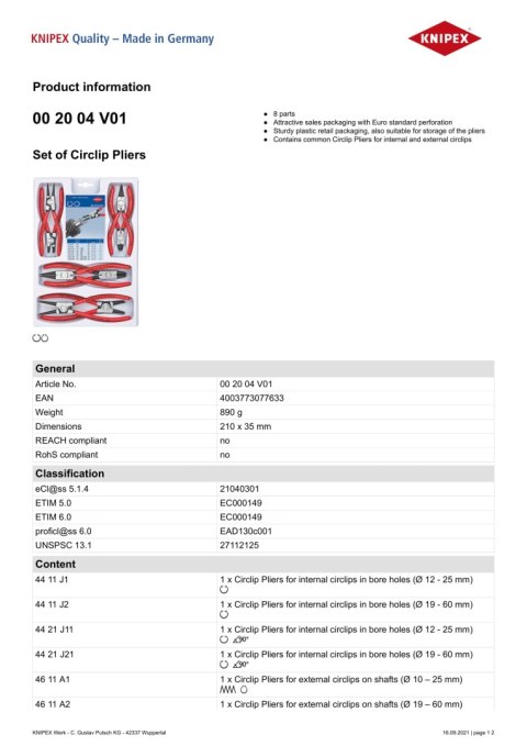 ZESTAW SZCZYPIEC DO PIERŚCIENI OSADCZYCH 8-CZ. 00 20 04 V01 KNIPEX ZESTAW SZCZYPIEC DO PIERŚCIENI OSADCZYCH 8-CZ. 00 20 04 V01 KNIPEX