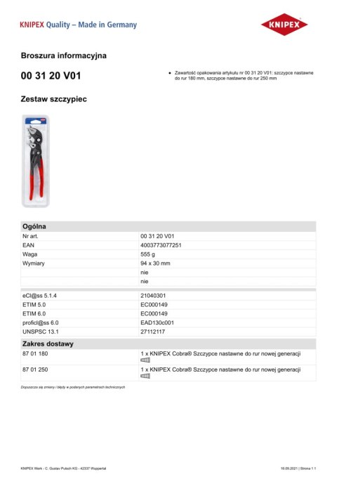 ZESTAW SZCZYPIEC NASTRAWNYCH DO RUR COBRA 2SZT. KNIPEX ZESTAW SZCZYPIEC NASTRAWNYCH DO RUR COBRA 2SZT. KNIPEX