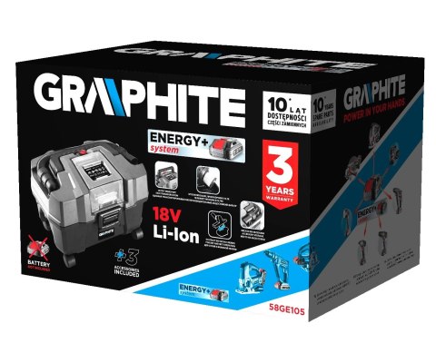 ODKURZACZ WARSZTATOWY ENERGY+ 18V, LI-ION, 10 L, BEZ AKUM. GRAPHITE ODKURZACZ WARSZTATOWY ENERGY+ 18V, LI-ION, 10 L, BEZ AKUM. GRAPHITE