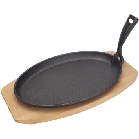 Półmisek żeliwny z drewnianą podstawą uchwytem gorący talerz 280 x 140 mm Półmisek żeliwny z drewnianą podstawą uchwytem gorący talerz 280 x 140 mm