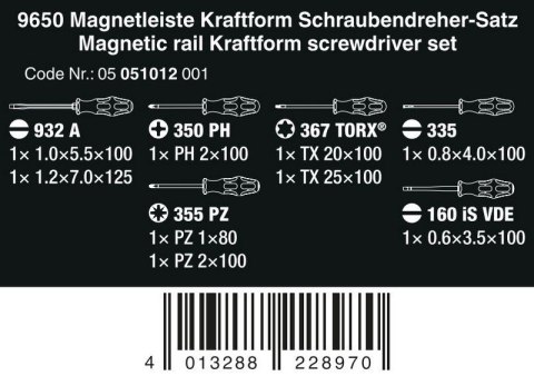 ZESTAW WKRĘTAKÓW KRAFTFORM NA LISTWIE MAGNETYCZNEJ 9650 WERA ZESTAW WKRĘTAKÓW KRAFTFORM NA LISTWIE MAGNETYCZNEJ 9650 WERA