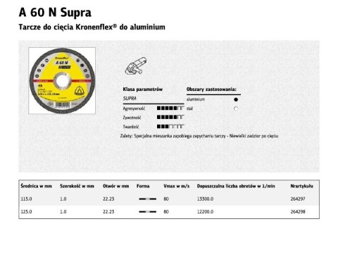 KLINGSPOR TARCZA DO CIĘCIA ALUMINIUM 115mm x 1,0mm 22,2mm A60N Supra KLINGSPOR TARCZA DO CIĘCIA ALUMINIUM 115mm x 1,0mm 22,2mm A60N Supra