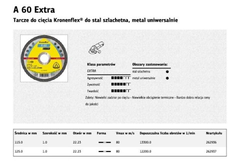 KLINGSPOR TARCZA DO CIĘCIA METALU 115mm x 1,0mm 22,2mm A60 Extra KLINGSPOR TARCZA DO CIĘCIA METALU 115mm x 1,0mm 22,2mm A60 Extra