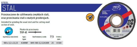 INCOFLEX TARCZA DO METALU 180 x 3,2 x 22,2mm INCOFLEX TARCZA DO METALU 180 x 3,2 x 22,2mm