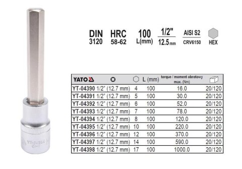 YATO KLUCZ TRZPIENIOWY IMBUSOWY/HEX 1/2" 10x100mm YATO KLUCZ TRZPIENIOWY IMBUSOWY/HEX 1/2" 10x100mm