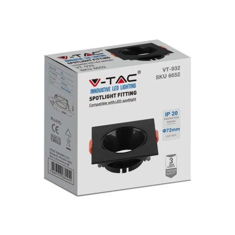 Oczko V-TAC GU10 Wpuszczane Kwadrat Czarne/Czarne VT-932-B 3 Lata Gwarancji Oczko V-TAC GU10 Wpuszczane Kwadrat Czarne/Czarne VT-932-B 3 Lata Gwarancji