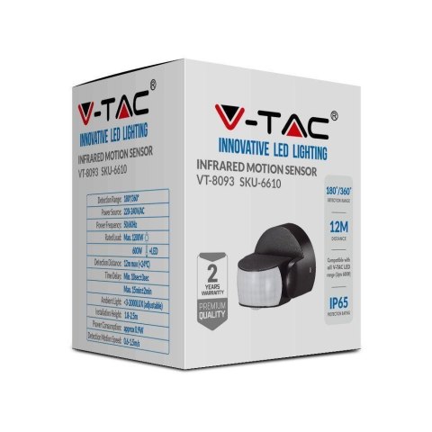 Czujnik Ruchu V-TAC Ścienny Czarny 180st/360st IP65 VT-8093 Czujnik Ruchu V-TAC Ścienny Czarny 180st/360st IP65 VT-8093