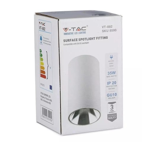 Oprawa Sufitowa V-TAC GU10 Okrągła Natynkowa Tuba Biały+Chrom 80x140mm VT-882-R 3 Lata Gwarancji Oprawa Sufitowa V-TAC GU10 Okrągła Natynkowa Tuba Biały+Chrom 80x140mm VT-882-R 3 Lata Gwarancji