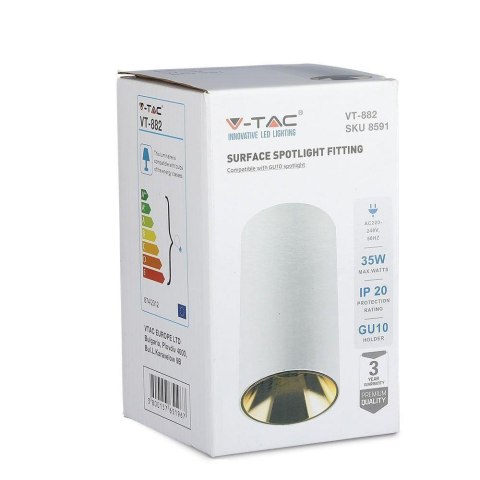 Oprawa Sufitowa V-TAC GU10 Okrągła Natynkowa Tuba Biały+Złoty 80x140mm VT-882-R 3 Lata Gwarancji Oprawa Sufitowa V-TAC GU10 Okrągła Natynkowa Tuba Biały+Złoty 80x140mm VT-882-R 3 Lata Gwarancji