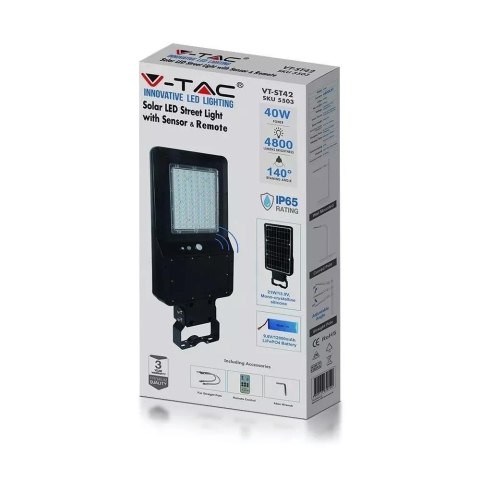 Oprawa Uliczna Solarna V-TAC 40W LED Czarna IP65 120Lm/W VT-ST42 4000K 4800lm 3 Lata Gwarancji Oprawa Uliczna Solarna V-TAC 40W LED Czarna IP65 120Lm/W VT-ST42 4000K 4800lm 3 Lata Gwarancji