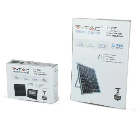 Projektor LED Solarny V-TAC 12W Czarny IP65, Pilot, Timer VT-25W 6000K 550lm
