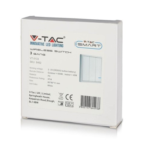 Przełącznik Bezprzewodowy Potrójny IP54 do SKU 8458, 8459 V-TAC VT-5133 Przełącznik Bezprzewodowy Potrójny IP54 do SKU 8458, 8459 V-TAC VT-5133