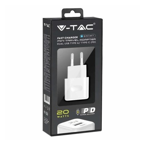 Ładowarka USB V-TAC SZYBKA 20W Biała MINI Dual USB Type-A Type-C VT-5320-W Ładowarka USB V-TAC SZYBKA 20W Biała MINI Dual USB Type-A Type-C VT-5320-W