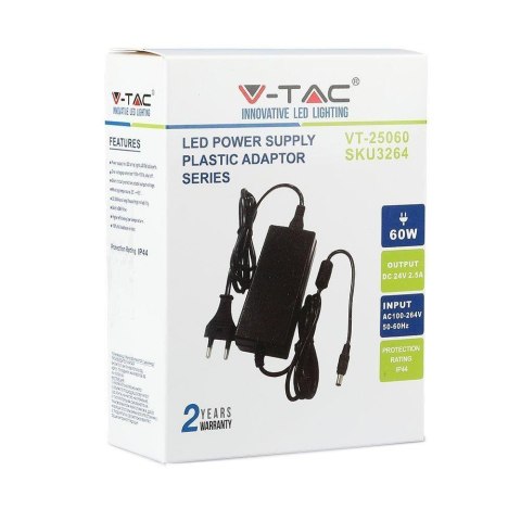 Zasilacz LED V-TAC Desktop 60W 24V 2,5A IP44 Wtyczkowy desktop z przewodami VT-25060 Zasilacz LED V-TAC Desktop 60W 24V 2,5A IP44 Wtyczkowy desktop z przewodami VT-25060