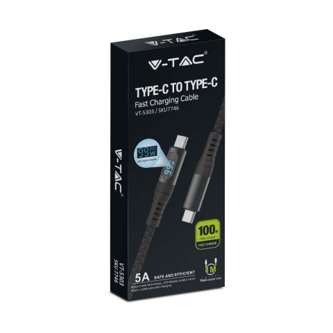 Przewód Type C do Typ C USB V-TAC 1Mb Czarny High Speed LCD 100W VT-5303 Przewód Type C do Typ C USB V-TAC 1Mb Czarny High Speed LCD 100W VT-5303