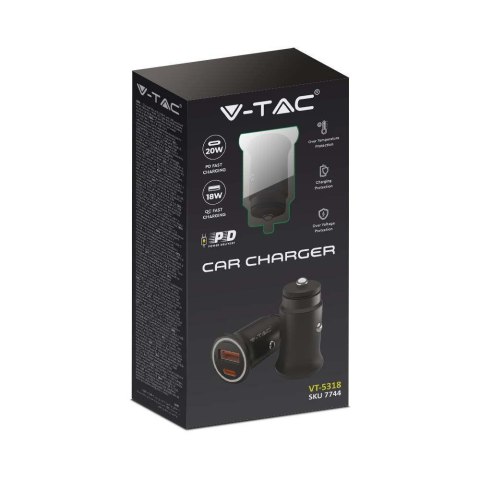Samochodowa Ładowarka do zapalniczki V-TAC USB 12-24V 18W + USB-C 20W VT-5318 Samochodowa Ładowarka do zapalniczki V-TAC USB 12-24V 18W + USB-C 20W VT-5318