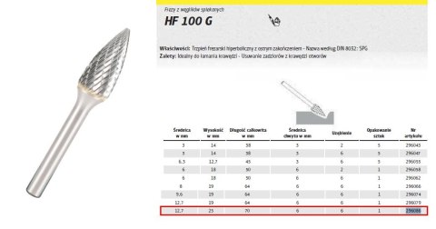 KLINGSPOR FREZ DO METALU HF 100 G FI=12,7x25mm TRZPIEŃ 6mm TYP SPG, HIPERBOLICZNY-SZPIC KLINGSPOR FREZ DO METALU HF 100 G FI=12,7x25mm TRZPIEŃ 6mm TYP SPG, HIPERBOLICZNY-SZPIC