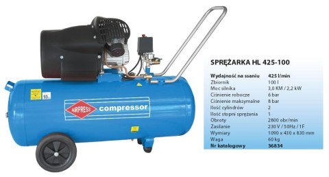 AIRPRESS KOMPRESOR OLEJOWY DWUTŁOKOWY HL425-100 "V-ka" 100L, 425 l/min, 8 BAR AIRPRESS KOMPRESOR OLEJOWY DWUTŁOKOWY HL425-100 "V-ka" 100L, 425 l/min, 8 BAR