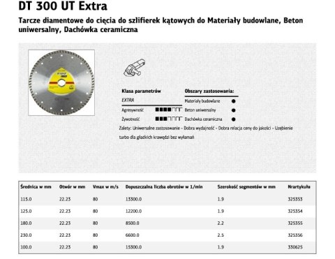 KLINGSPOR TARCZA DIAMENTOWA TURBO 230mm x 2,5mm x 22,2mm EXTRA DT300UT, BETON KLINGSPOR TARCZA DIAMENTOWA TURBO 230mm x 2,5mm x 22,2mm EXTRA DT300UT, BETON