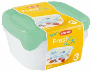 CURVER ZESTAW POJEMNIKÓW KWADRATOWYCH 
FRESH&GO 3X0,8L /SELEDYNOWY/ 
TRANSPARENTNY