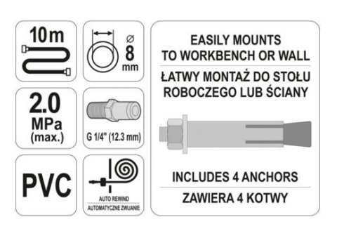 YATO PRZEWÓD / WĄŻ PNEUMATYCZNY NA ZWIJAKU 10m x 8mm YATO PRZEWÓD / WĄŻ PNEUMATYCZNY NA ZWIJAKU 10m x 8mm