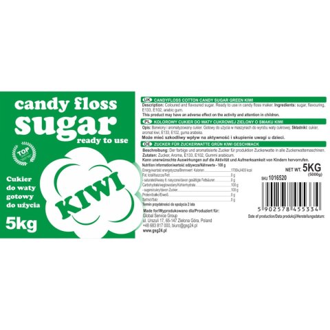Kolorowy cukier do waty cukrowej zielony o smaku kiwi 5kg Kolorowy cukier do waty cukrowej zielony o smaku kiwi 5kg